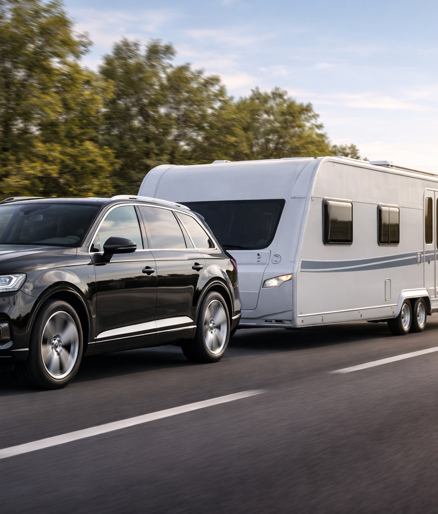 Schwarzes SUV zieht einen weißen Wohnwagen auf einer Landstraße.